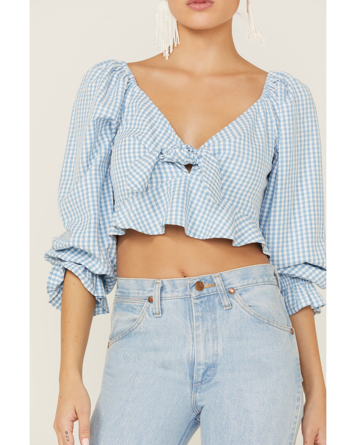 Image #2 - Beyond The Radar Women's Gingham Tie Front Crop Blouse, Blue, hi-res