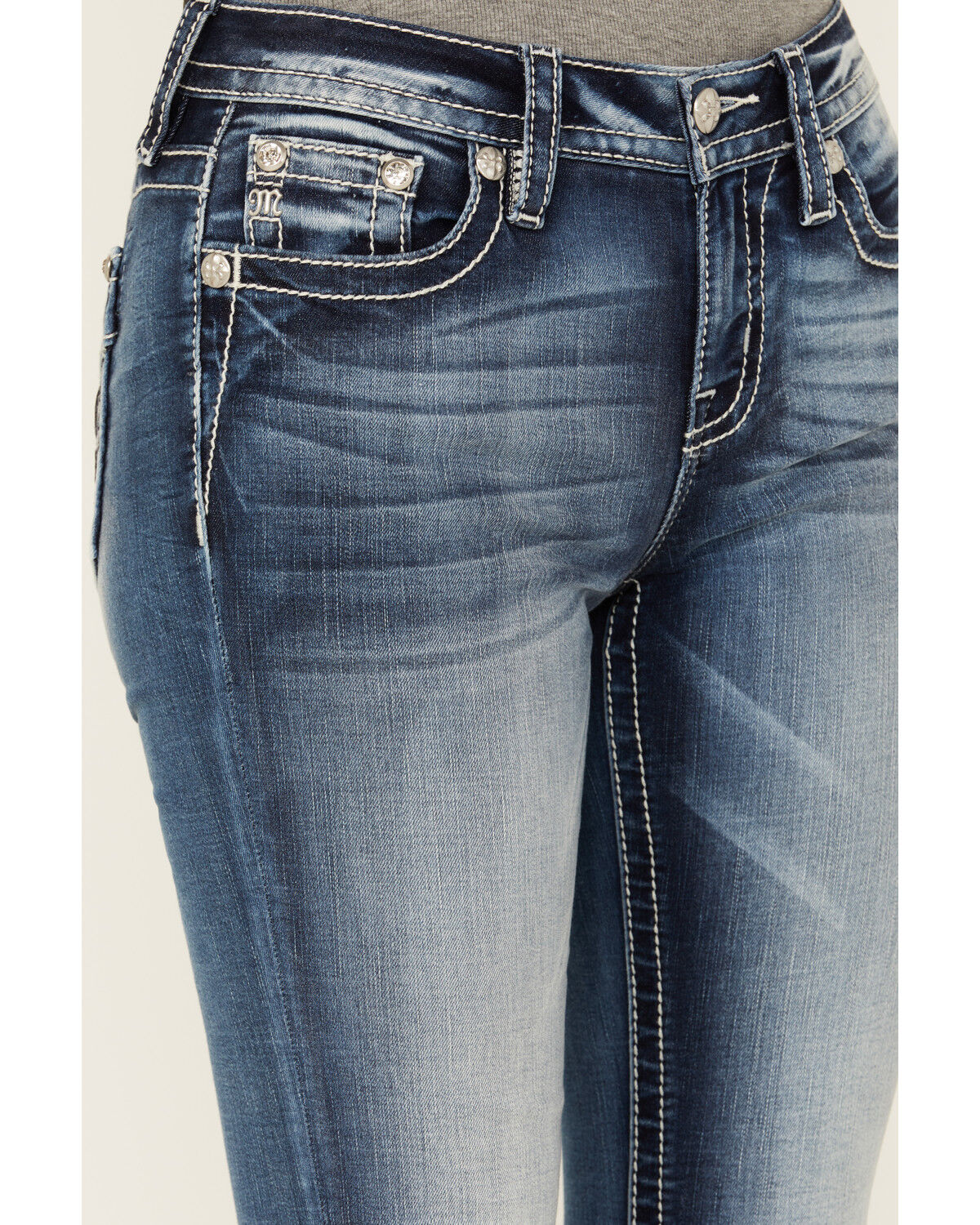 Image #4 - Miss Me Women's Medium Wash Mid Rise Wing Pocket Stretch Bootcut Jeans, Medium Wash, hi-res