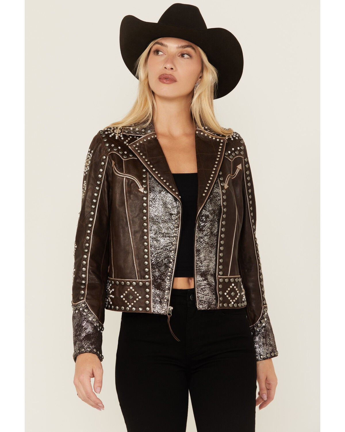 Double D Ranch Women's Embellished Fringe Leather Jacket, Brown, hi-res