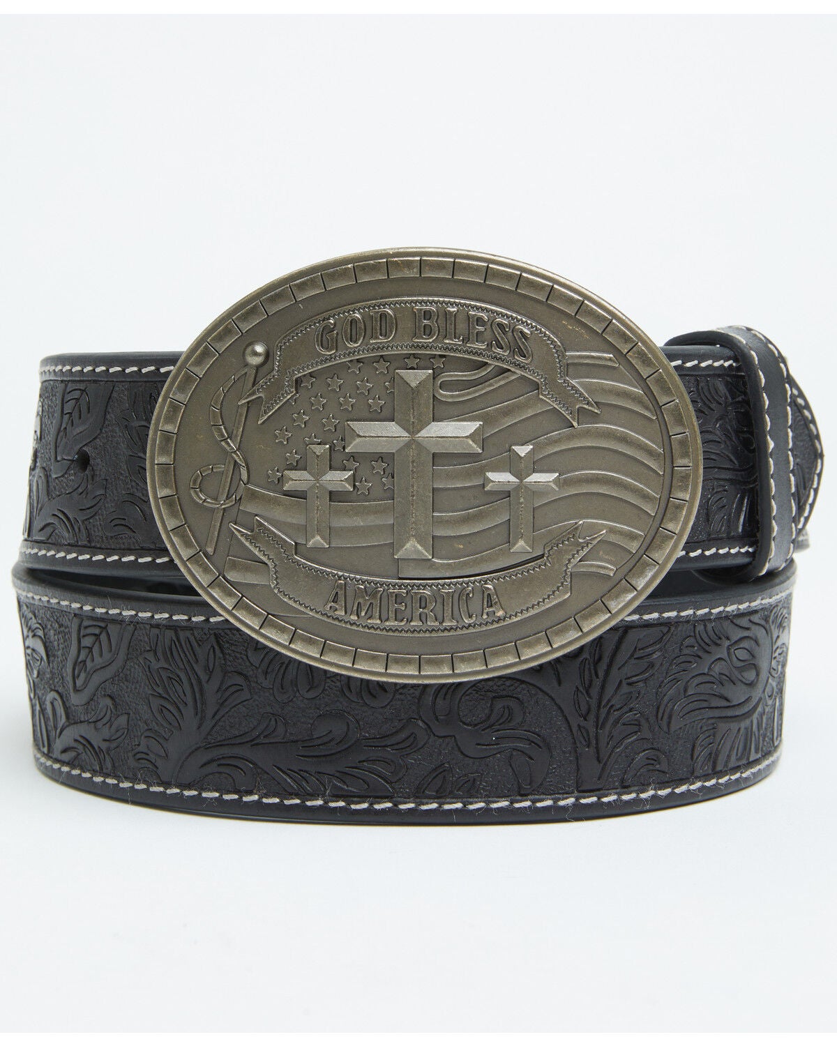 Cody James Men's God Bless America Tooled Buckle Belt, Black, hi-res
