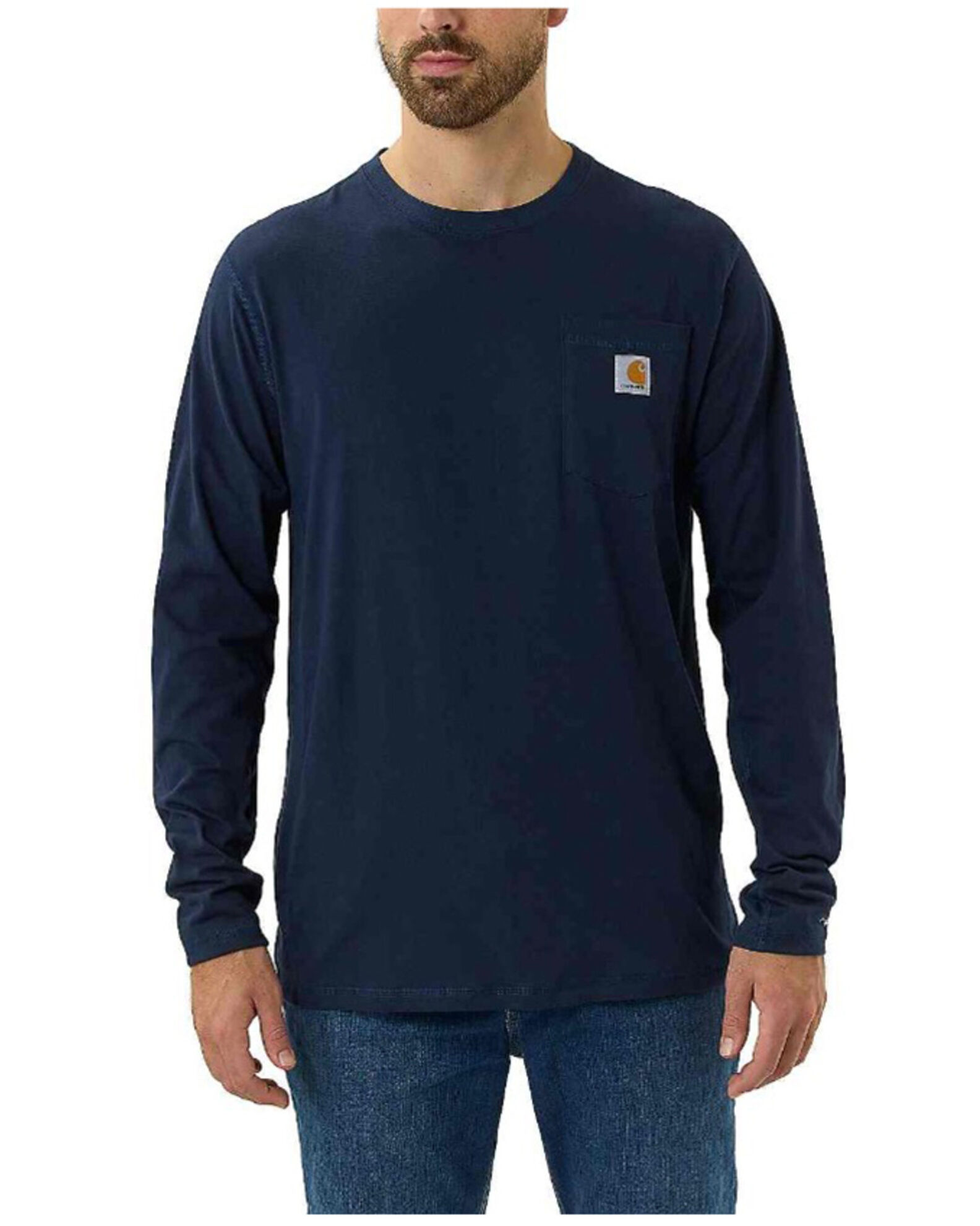 Image #1 - Carhartt Men's Force Relaxed Fit Midweight Long Sleeve Logo Pocket Work T-Shirt, Navy, hi-res