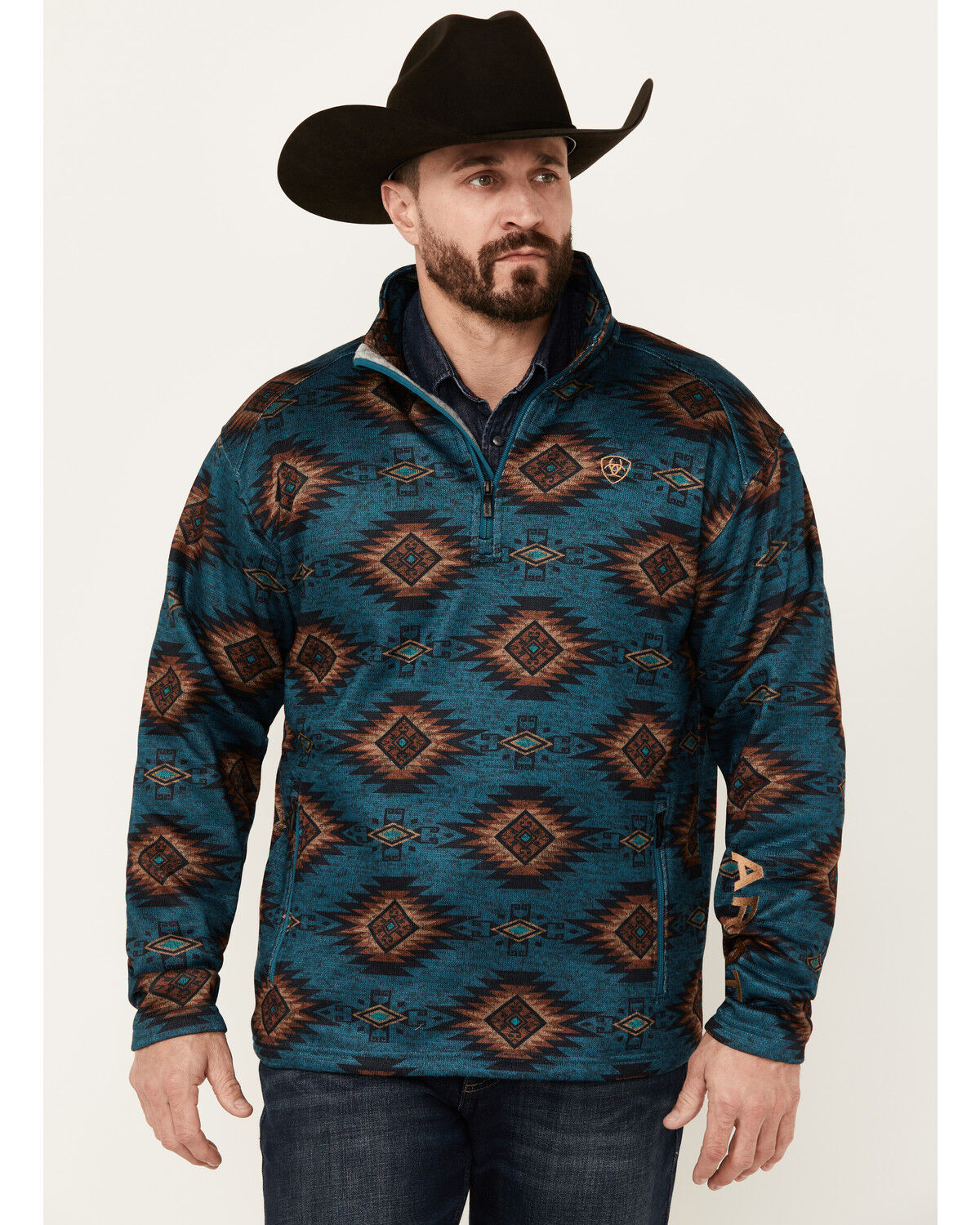 Image #1 - Ariat Men's Caldwell Southwestern Print 1/4 Zip Pullover, Dark Blue, hi-res