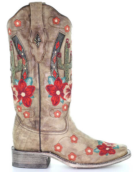 Image #2 - Corral Women's Cactus Floral Embroidery Overlay Western Boots - Square Toe, Taupe, hi-res