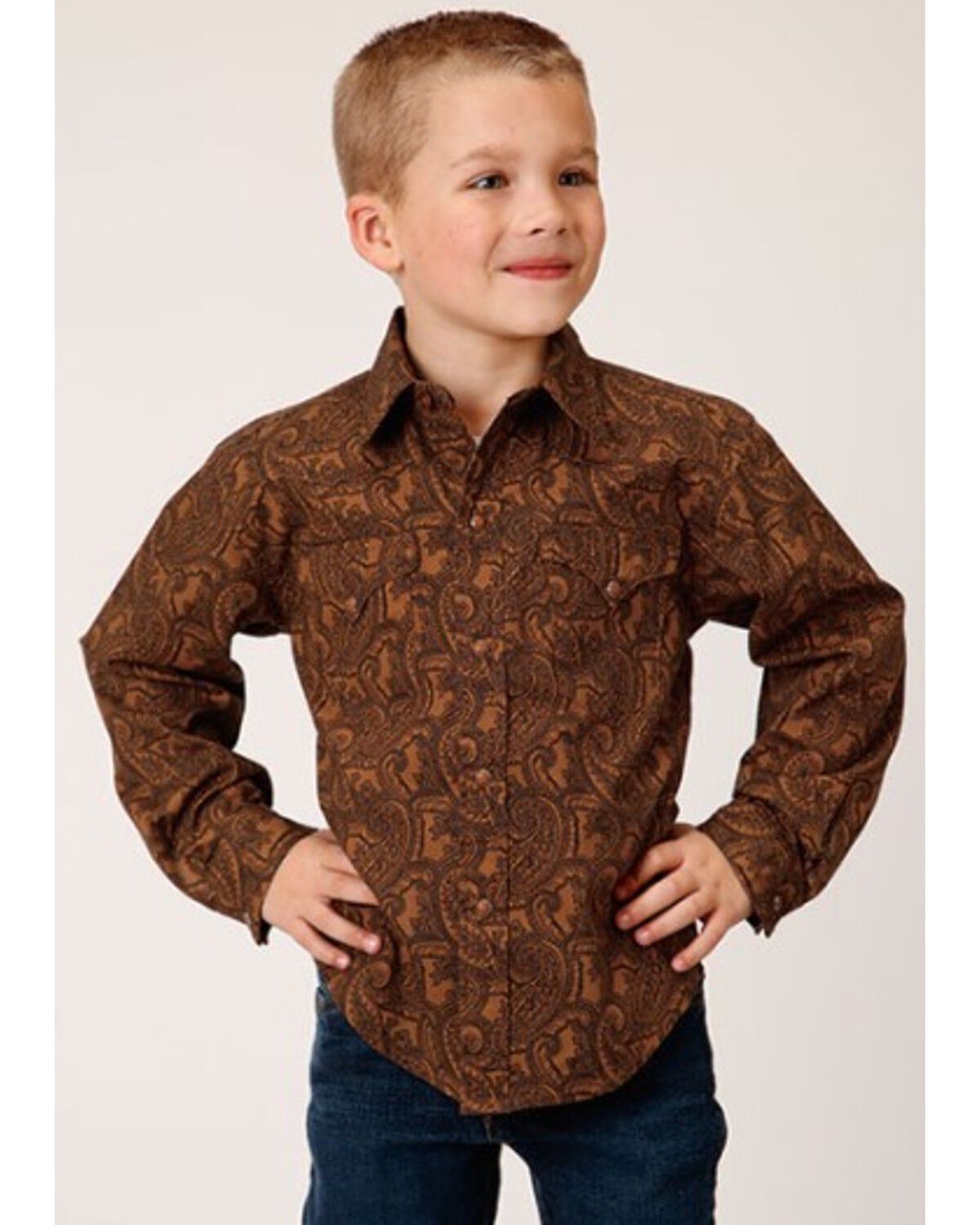 Image #1 - Roper Boys' Paisley Print Long Sleeve Snap Western Shirt, Brown, hi-res