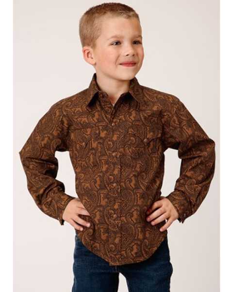 Image #1 - Roper Boys' Paisley Print Long Sleeve Snap Western Shirt , Brown, hi-res