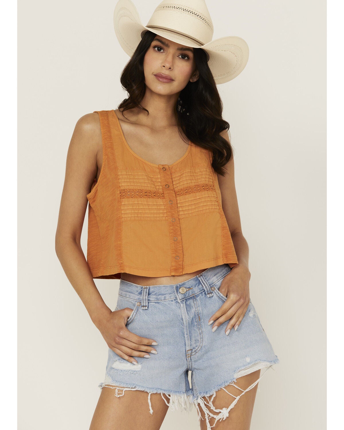 Image #1 - Cleo + Wolf Women's Brighton Cropped Pintuck Tank, Light Orange, hi-res