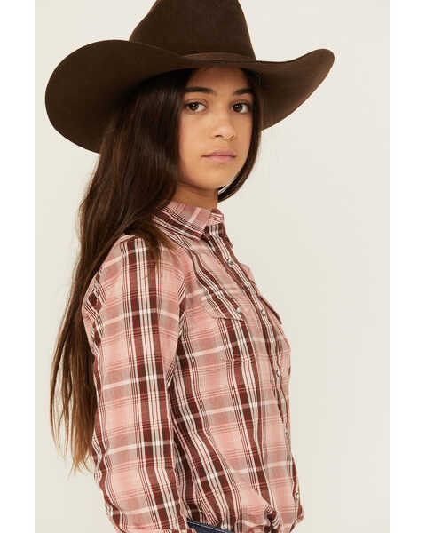 Image #2 - Ariat Girls' Saguaro Plaid Print Long Sleeve Snap Western Shirt, Brown/pink, hi-res