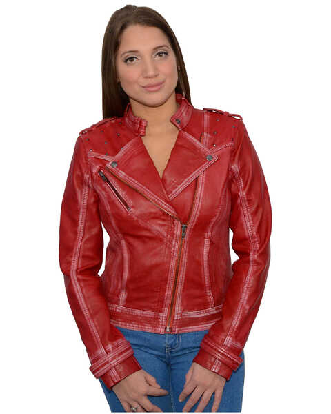 Image #1 - Milwaukee Leather Women's Studded Sheepskin Asymmetrical Moto Jacket, Red, hi-res