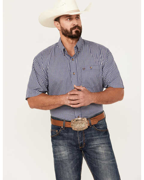 Wrangler Men's Classic Plaid Print Short Sleeve Button-Down Western Shirt, Blue, hi-res