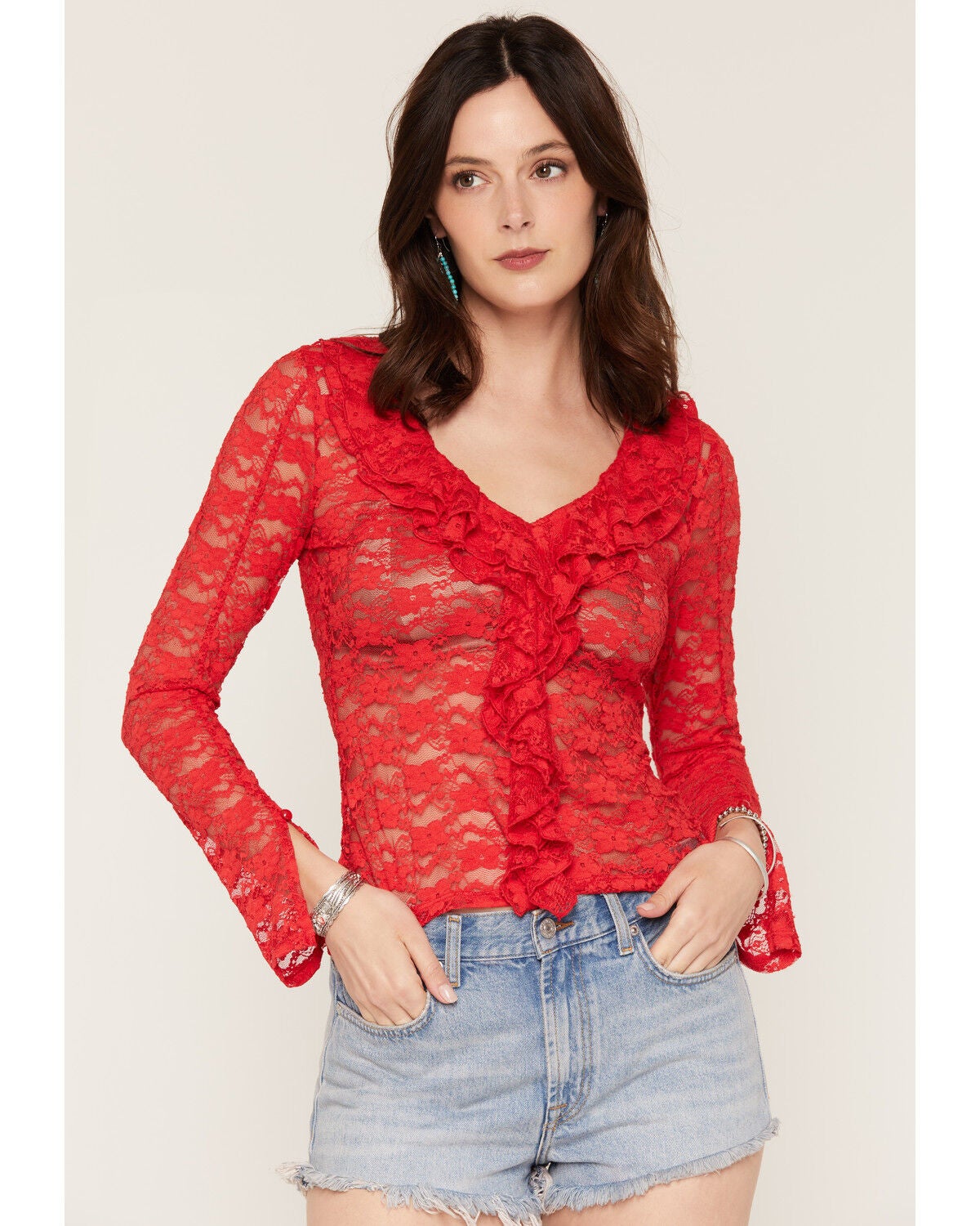 Image #1 - Trixxi Women's Ruffle Front Lace Top, Red, hi-res