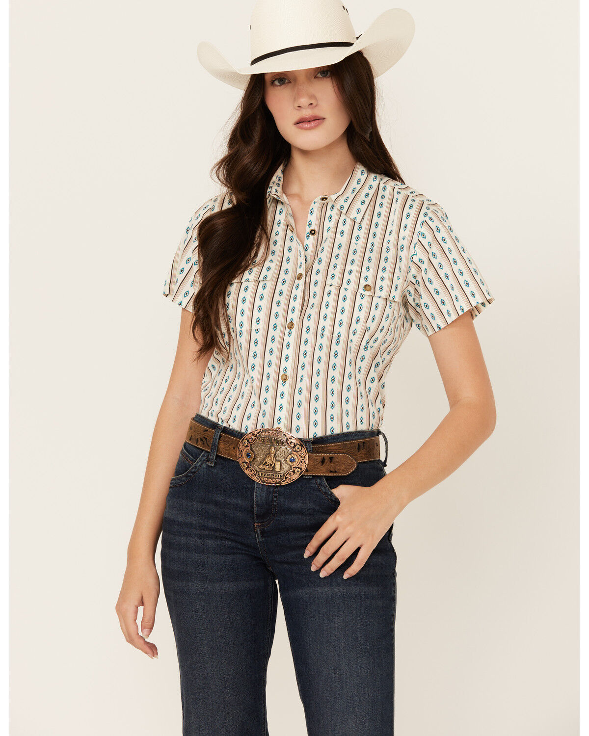 Image #1 - Shyanne Women's Southwestern Print Short Sleeve Snap Western Shirt, Cream, hi-res