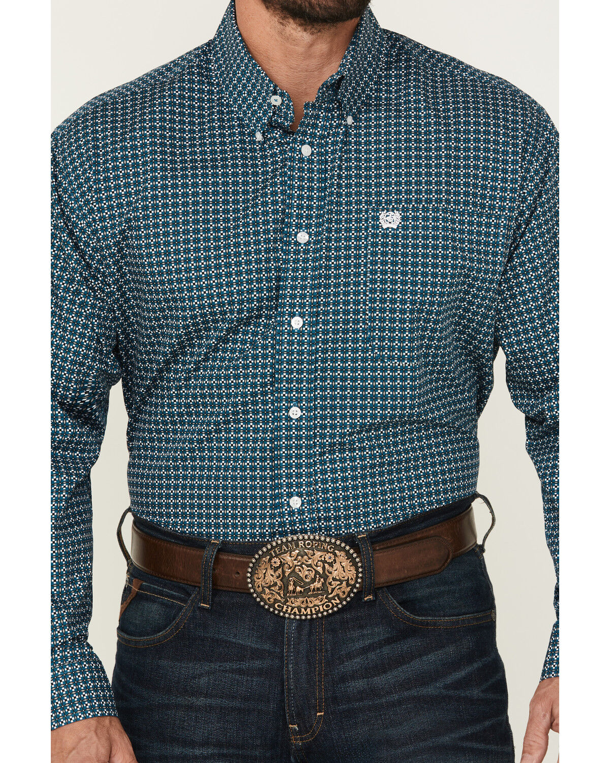 Image #3 - Cinch Men's Geo Print Long Sleeve Button-Down Western Shirt, Teal, hi-res