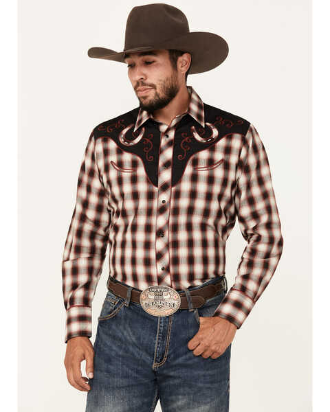 Image #1 - Roper Men's Plaid Print Embroidered Long Sleeve Snap Western Shirt, Red, hi-res