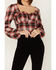 Image #3 - Wild Moss Women's Plaid Print Ruffle Tie Front Crop Top, Brown, hi-res