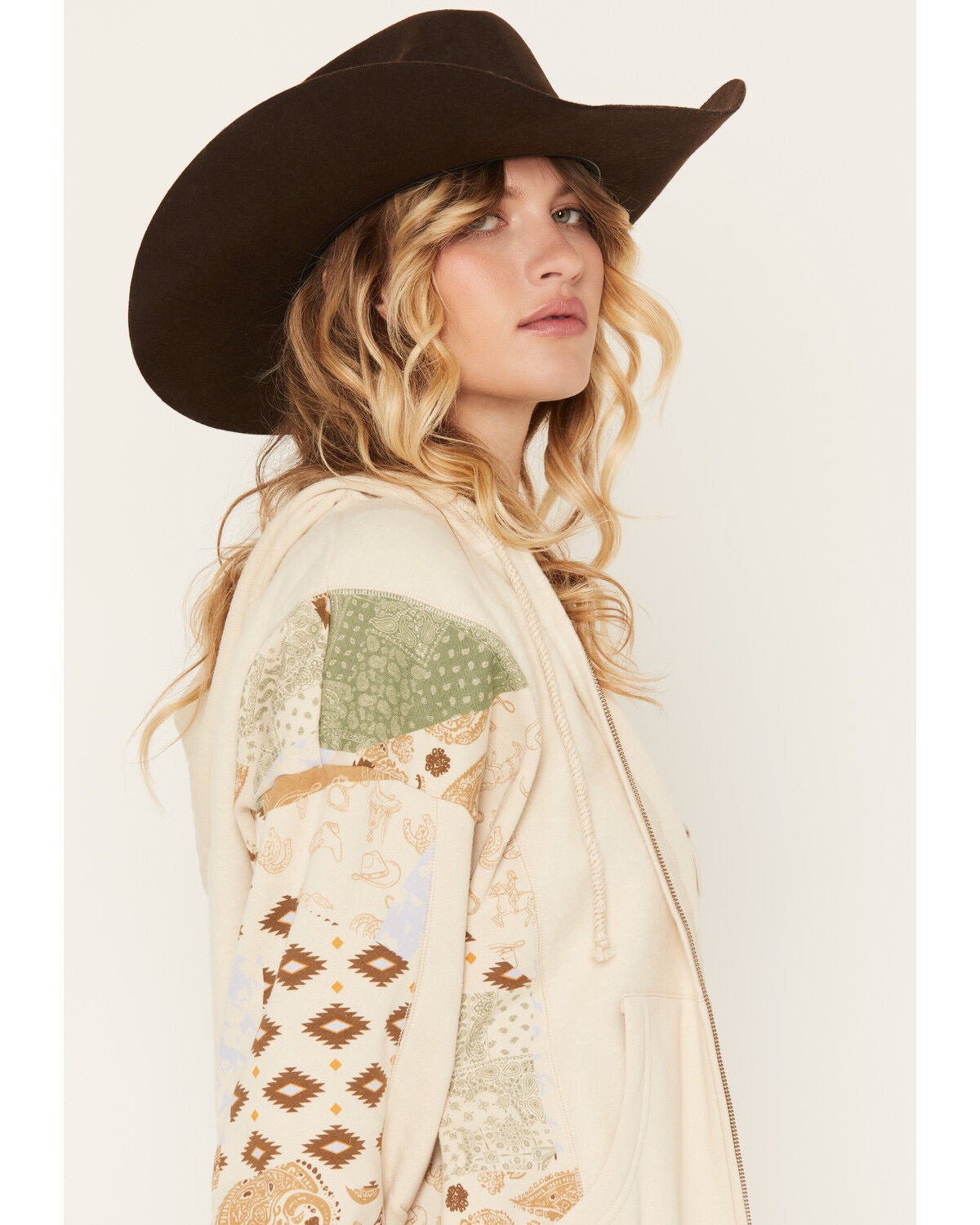 Image #2 - Blended Women's Mixed Print Zip Hoodie, Tan, hi-res