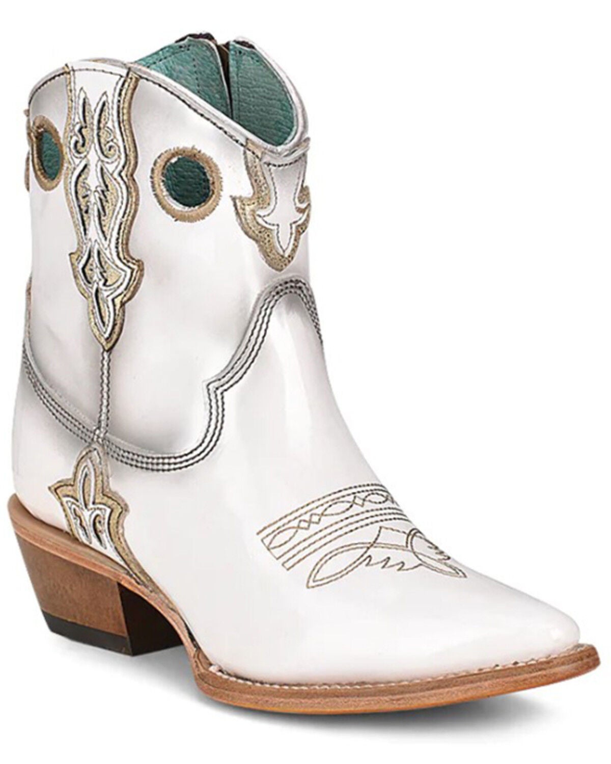 Corral Women's Patent Leather Inlay & Embroidery Western Booties - Snip Toe, White, hi-res