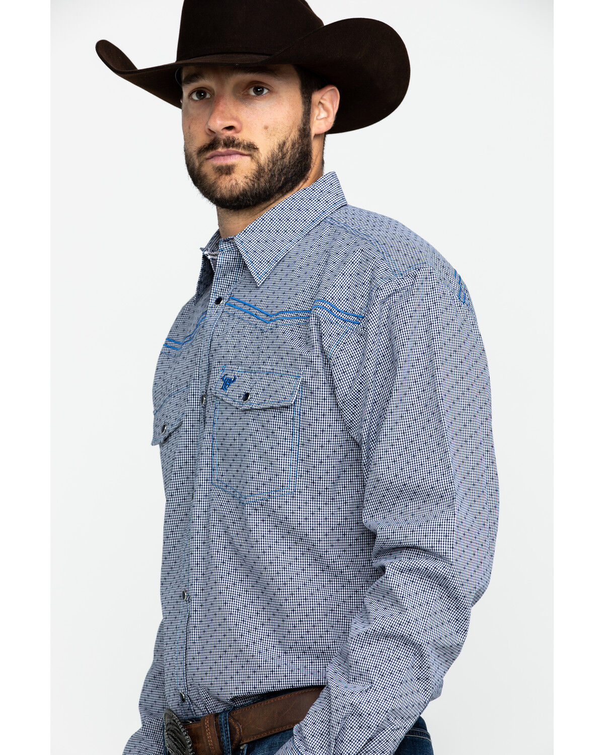 Image #3 - Cowboy Hardware Men's Dobby Print Long Sleeve Western Shirt, Navy, hi-res