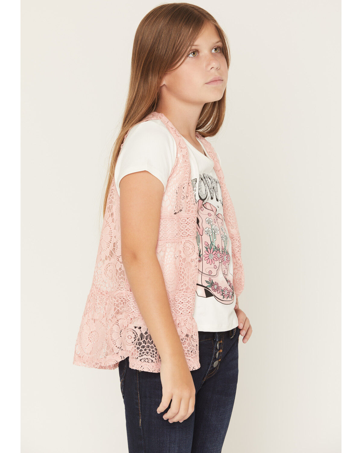 Image #2 - Self Esteem Girls' Howdy Cowboy Boot Embellished Short Sleeve Graphic Tee and Vest, Pink, hi-res