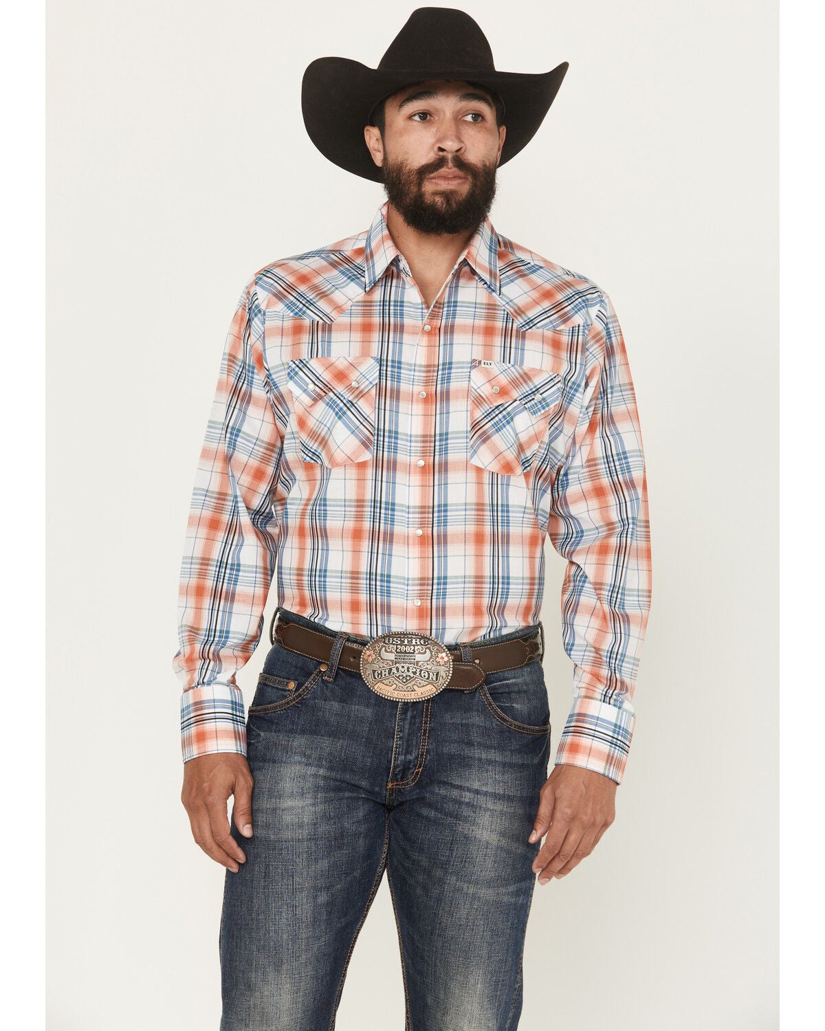 Ely Walker Men's Plaid Print Long Sleeve Pearl Snap Western Shirt, Orange, hi-res