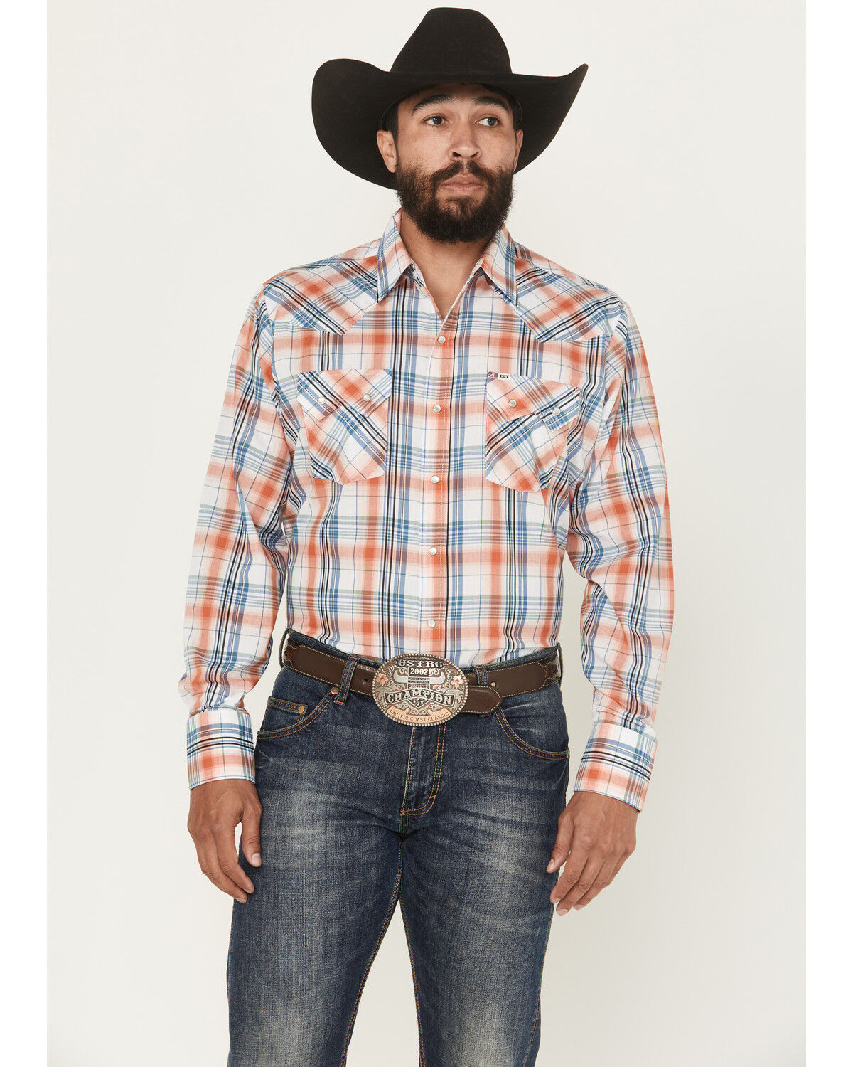 Image #1 - Ely Walker Men's Plaid Print Long Sleeve Pearl Snap Western Shirt, Orange, hi-res
