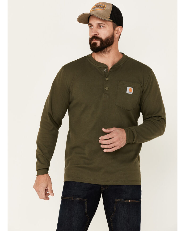 Carhartt Men's Basil Green Heavyweight Long Sleeve Pocket Henley Shirt , Green, hi-res