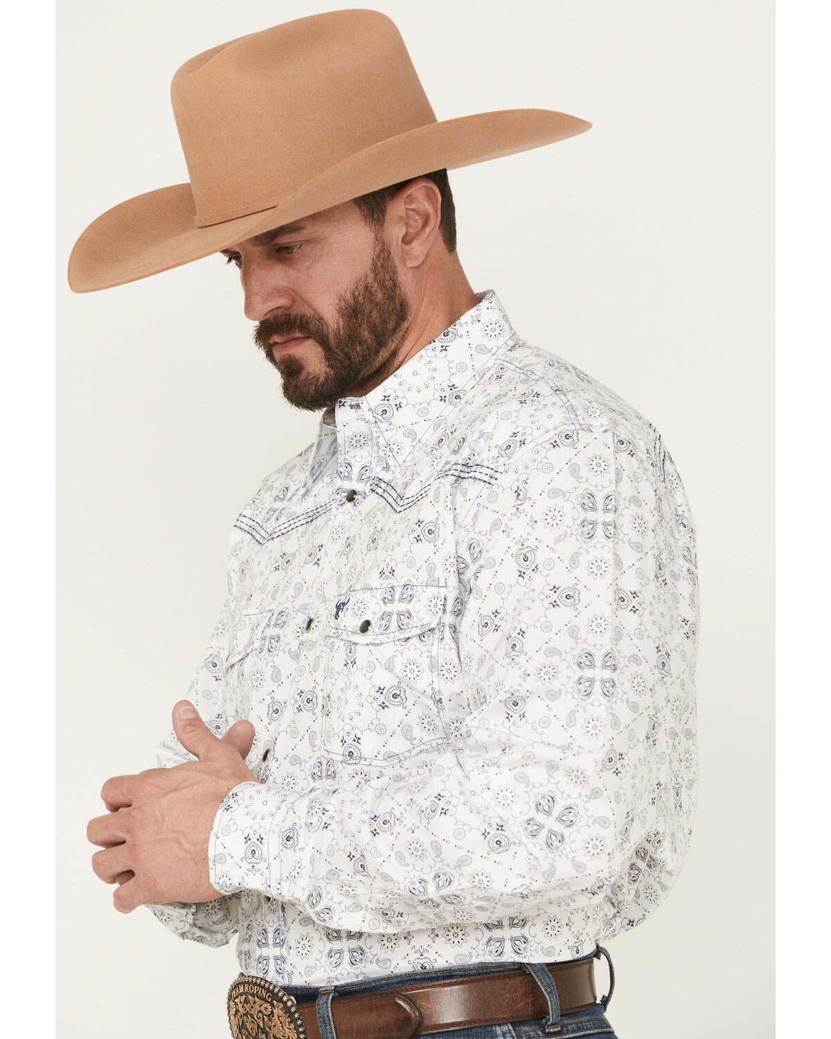 Image #2 - Cowboy Hardware Men's Bandana Print Long Sleeve Pearl Snap Stretch Western Shirt, White, hi-res