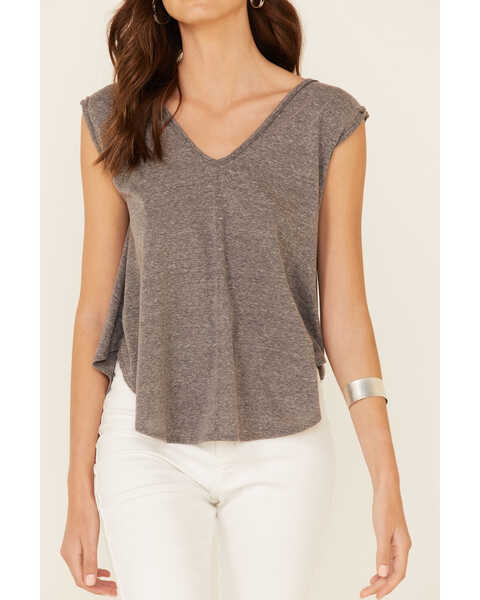 Image #3 - Tres Aves Women's Solid Gray Oversized Double V-Neck Short Sleeve Top , Grey, hi-res