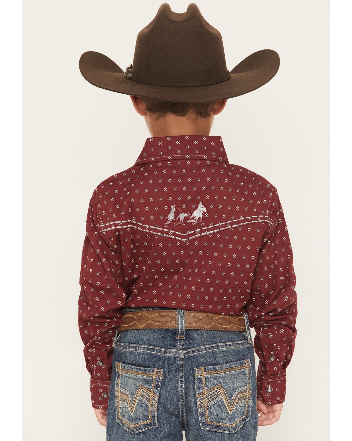 Image #4 - Cowboy Hardware Boys' Geo Print Long Sleeve Pearl Snap Stretch Western Shirt, Burgundy, hi-res