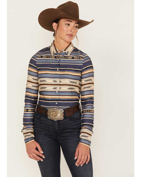 Image #1 - Stetson Women's Serape Stripe Long Sleeve Pearl Snap Western Shirt, Blue, hi-res
