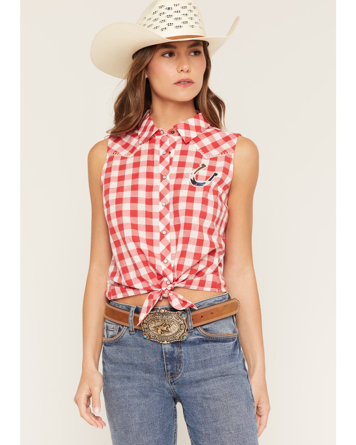 Image #1 - Shyanne Women's Dunes Gingham Tie-Front Sleeveless Pearl Snap Western Shirt, Red, hi-res