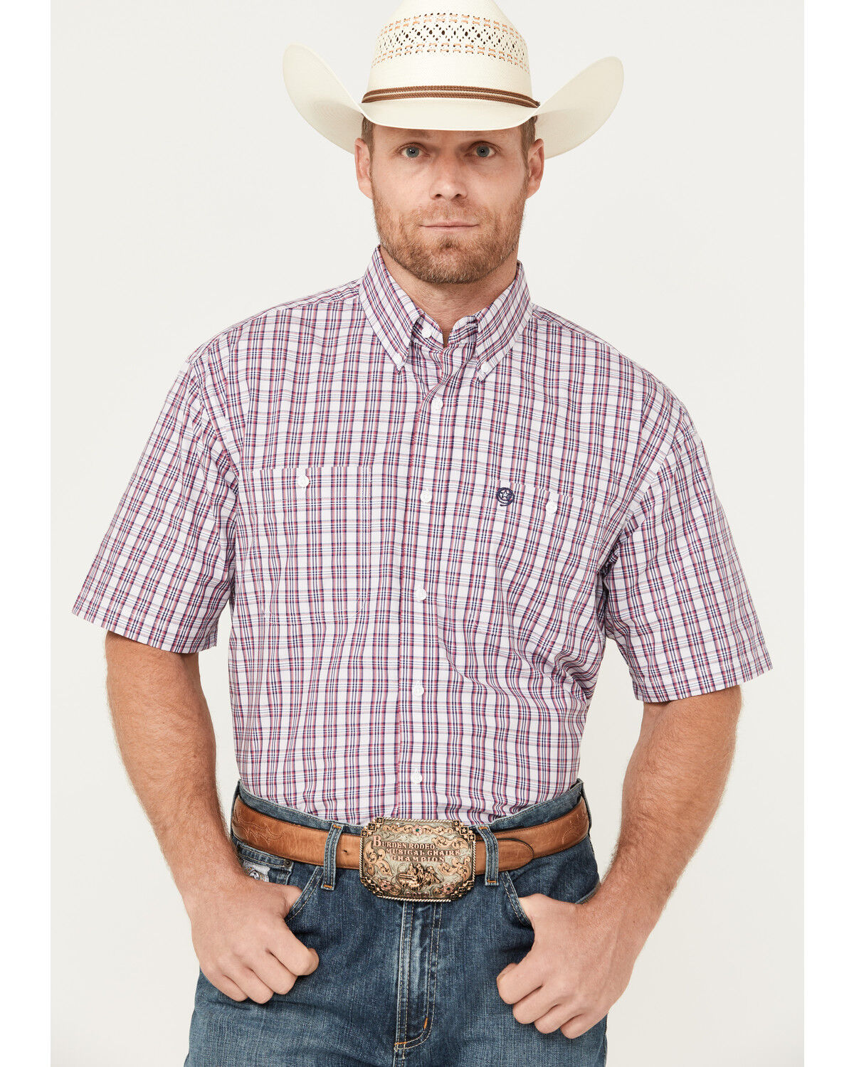 Image #1 - George Strait by Wrangler Men's Plaid Print Short Sleeve Button Down Western Shirt, , hi-res