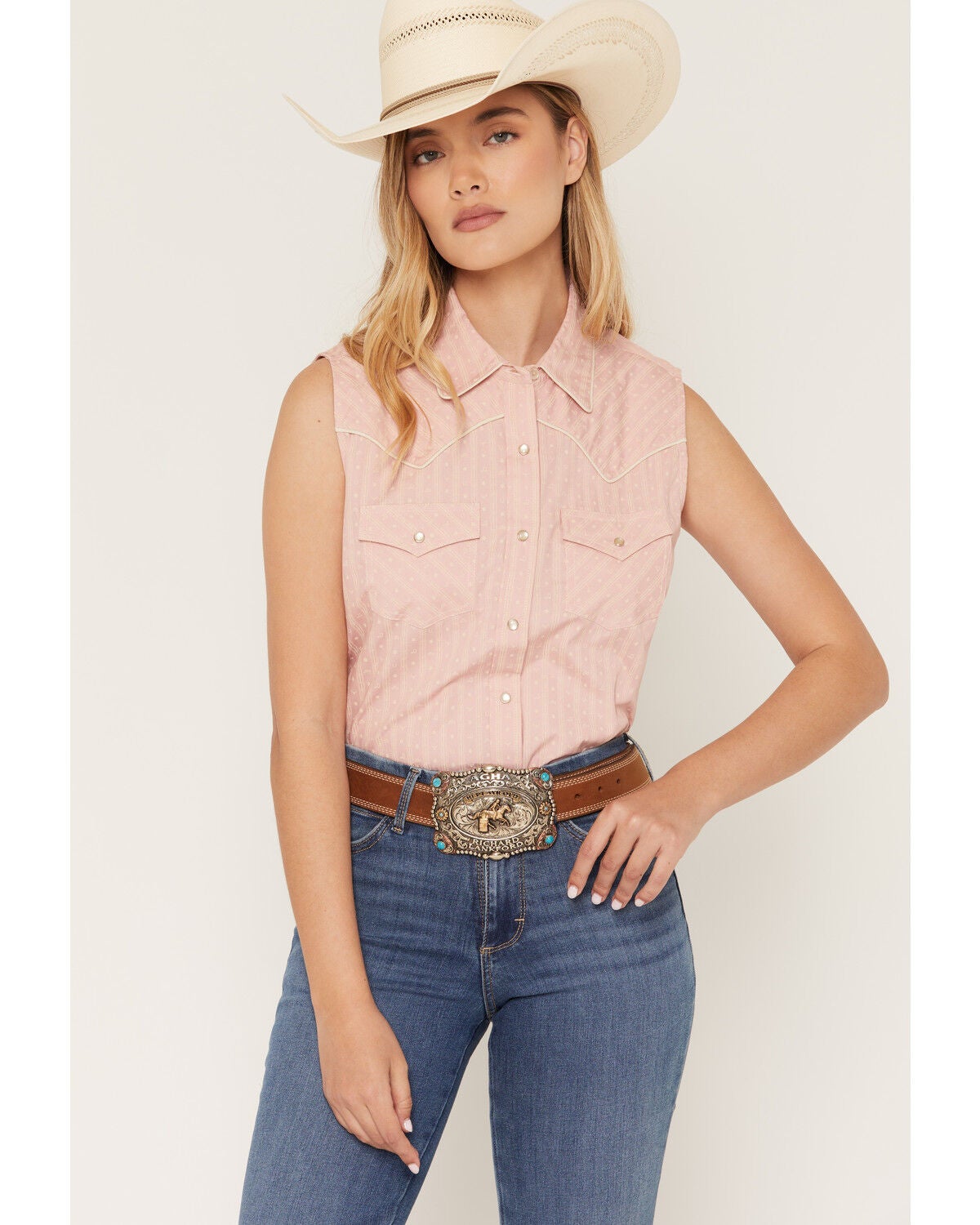 Image #1 - Ely Walker Women's Western Motif Stripe Print Sleeveless Snap Western Shirt, Pink, hi-res
