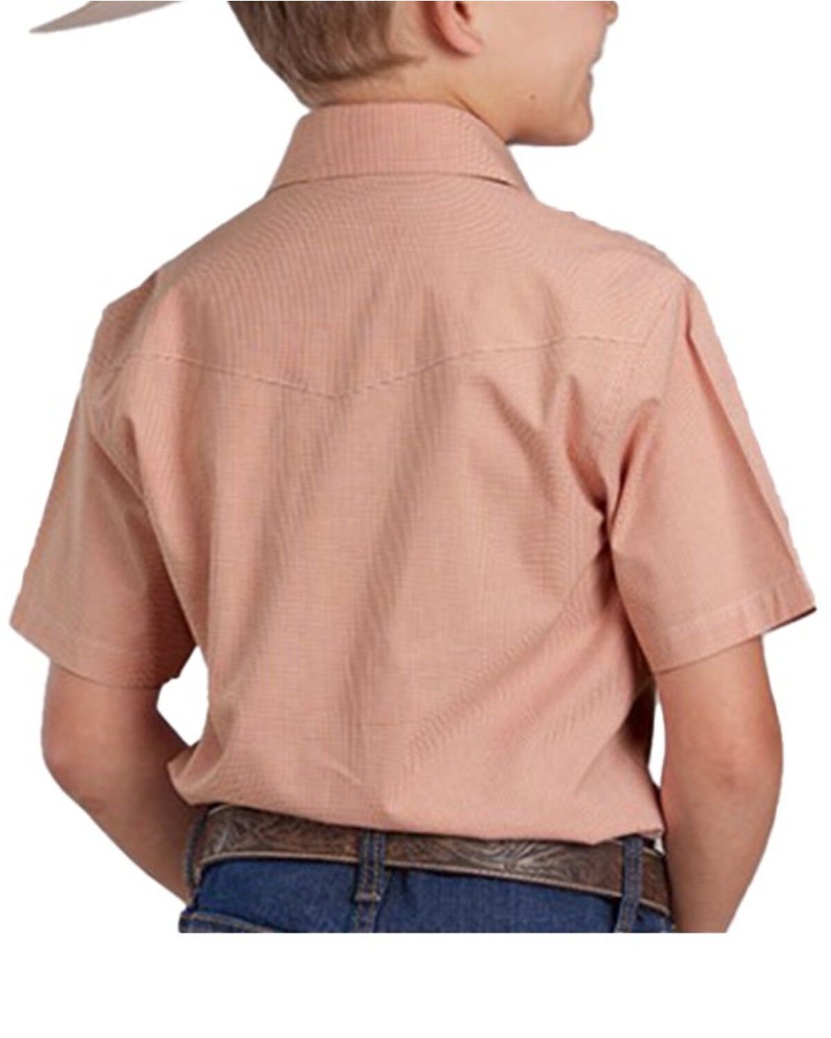 Image #2 - Roper Boys' Gingham Print Short Sleeve Pearl Snap Stretch Western Shirt, Orange, hi-res