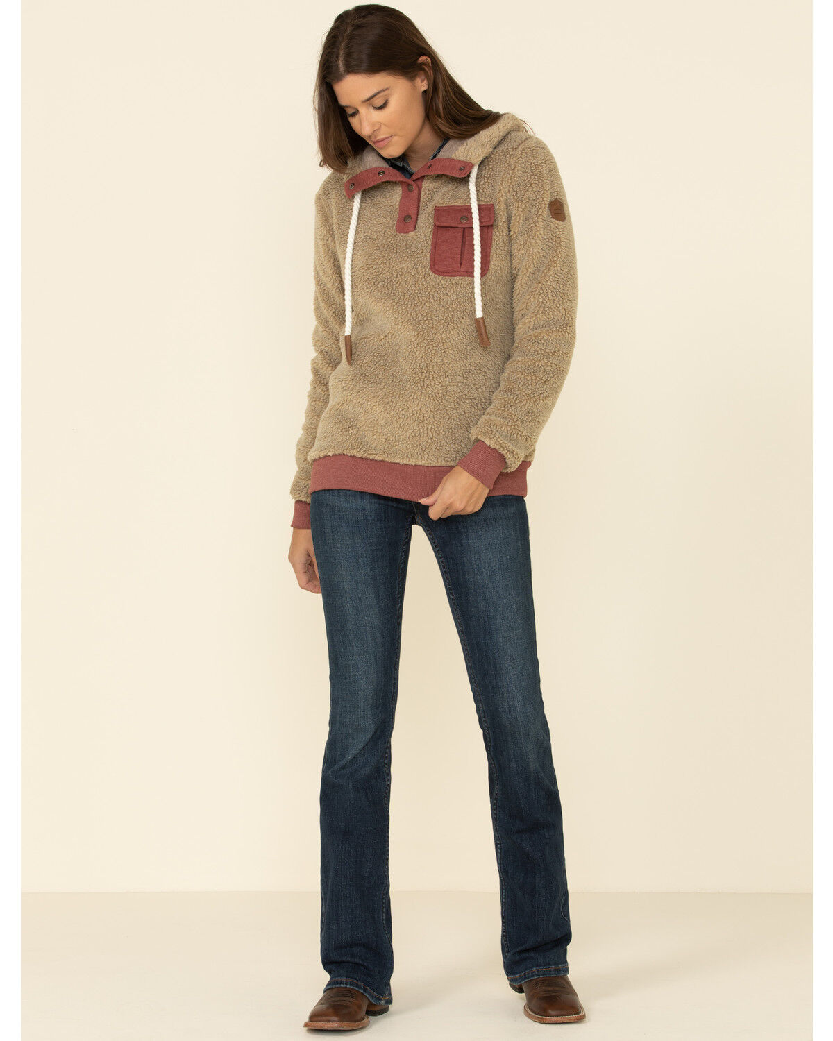 Image #2 - Wanakome Women's Fay Snap Neck Sherpa Hooded Pullover, Tan, hi-res