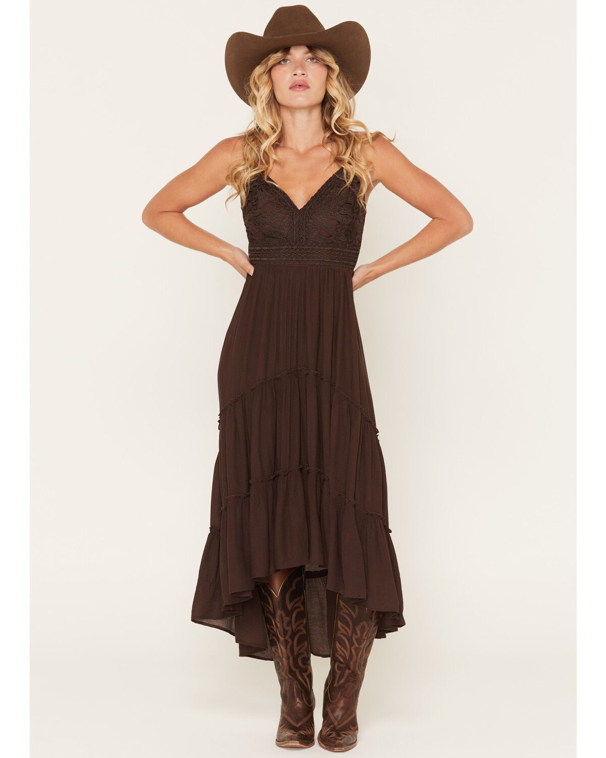 Image #1 - Shyanne Women's Aerie Crochet Front High-Low Midi Dress, Cognac, hi-res