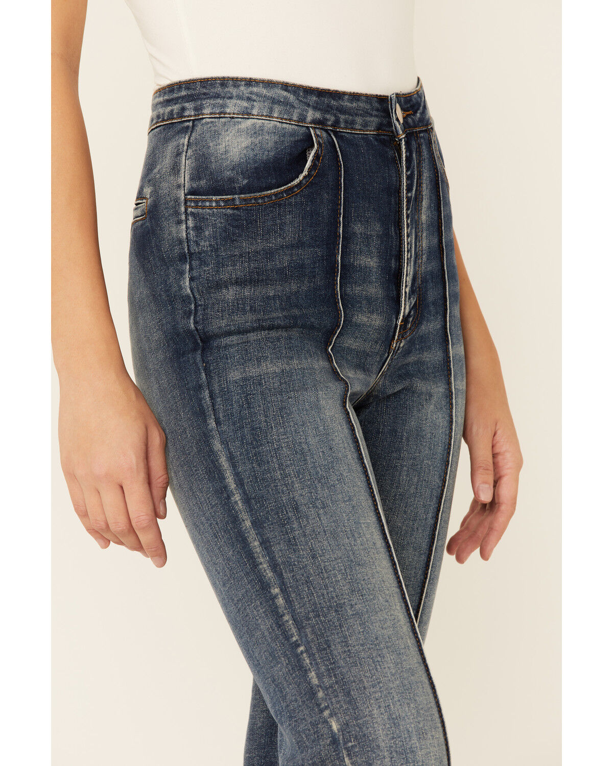 Image #2 - Flying Tomato Women's High Rise Dark Acid Wash Front Pintuck Flare Jeans, Indigo, hi-res