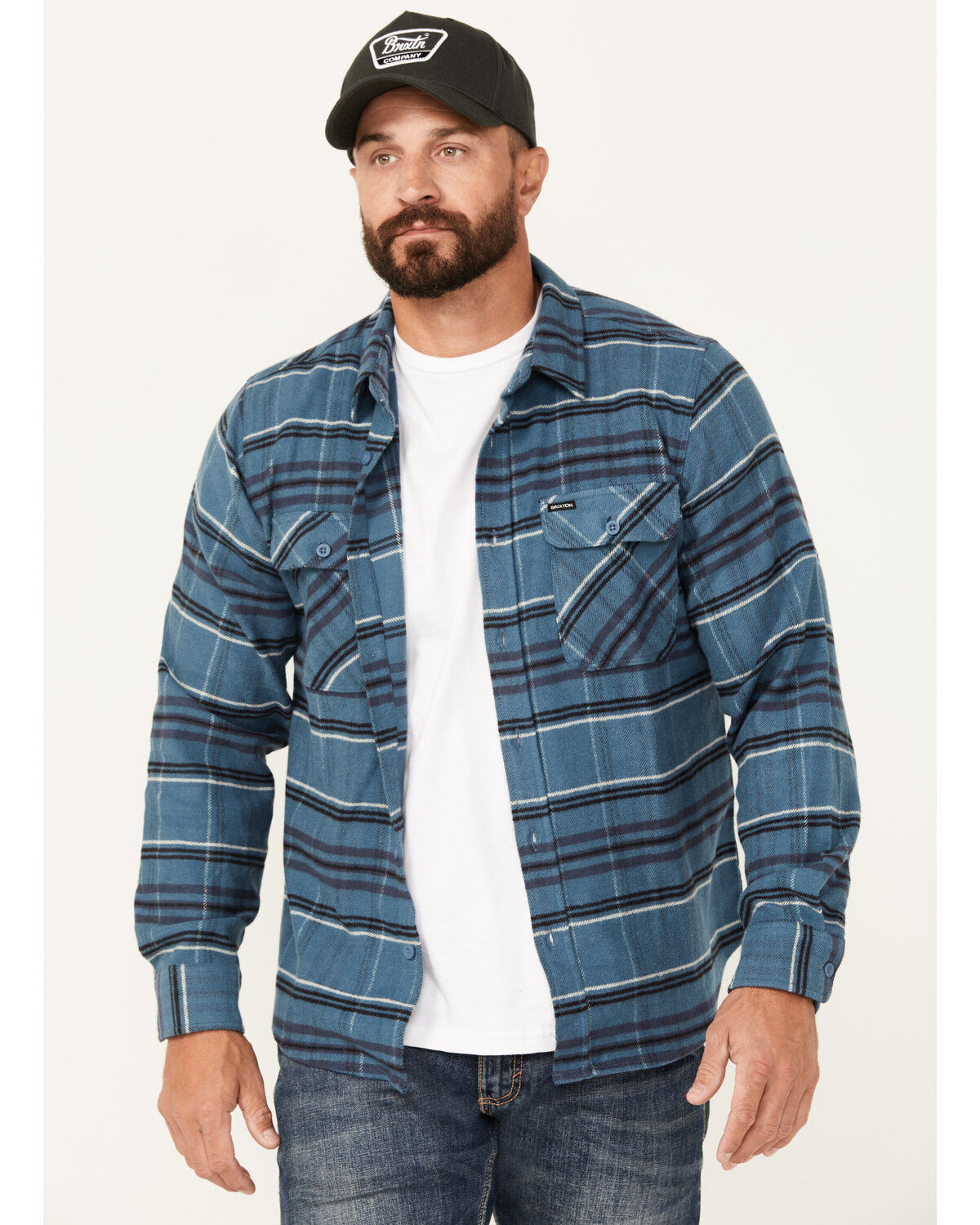 Image #1 - Brixton Men's Bowery Plaid Print Long Sleeve Button-Down Stretch Flannel Shirt, Blue, hi-res