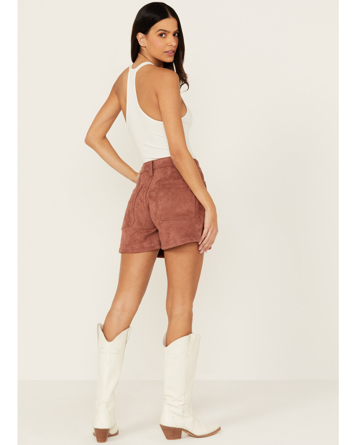 Image #3 - Rock & Roll Denim Women's High Rise Star Microsuede Shorts, Camel, hi-res