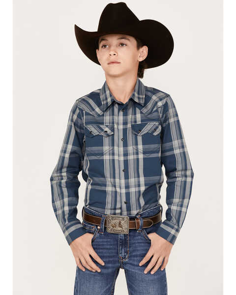 Cody James Boys' Plaid Print Long Sleeve Western Snap Shirt, Navy, hi-res