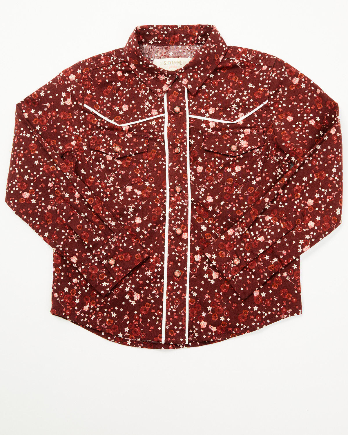 Image #1 - Shyanne Toddler Girls' Dakota Floral Print Long Sleeve Pearl Snap Western Shirt, Mahogany, hi-res
