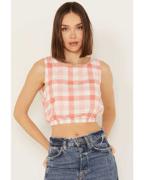 By Together Women's Gingham Print Cropped Sleeveless Top, Pink, hi-res