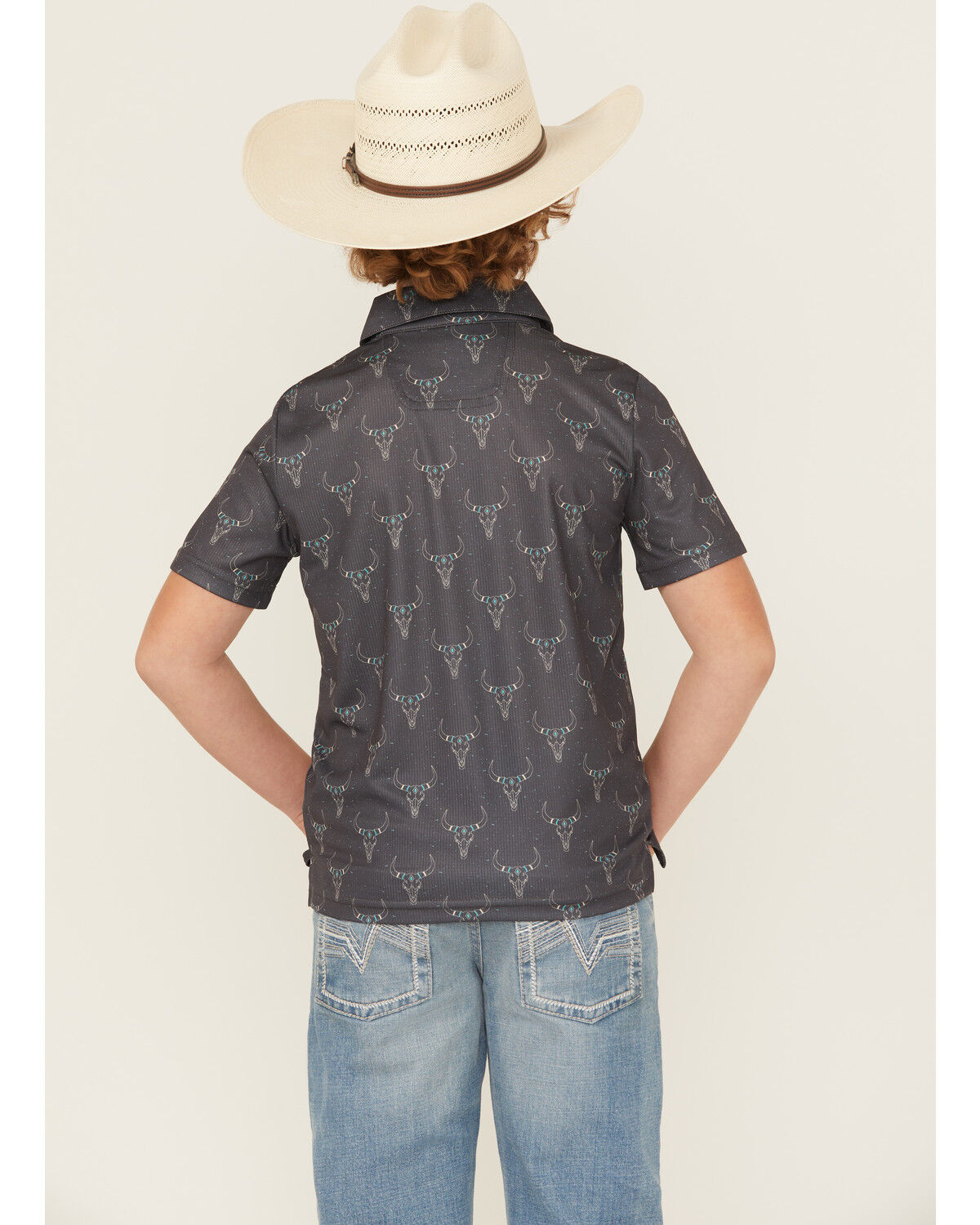 Image #4 - Rock & Roll Denim Boys' Long Horn Print Short Sleeve Button-Down Polo, Black, hi-res