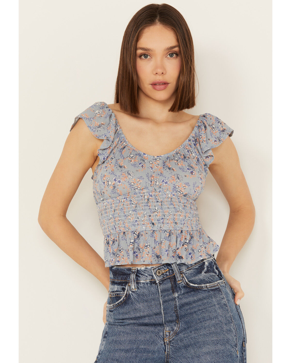 Image #1 - Rock & Roll Denim Women's Floral Flutter Sleeveless Top, Steel Blue, hi-res