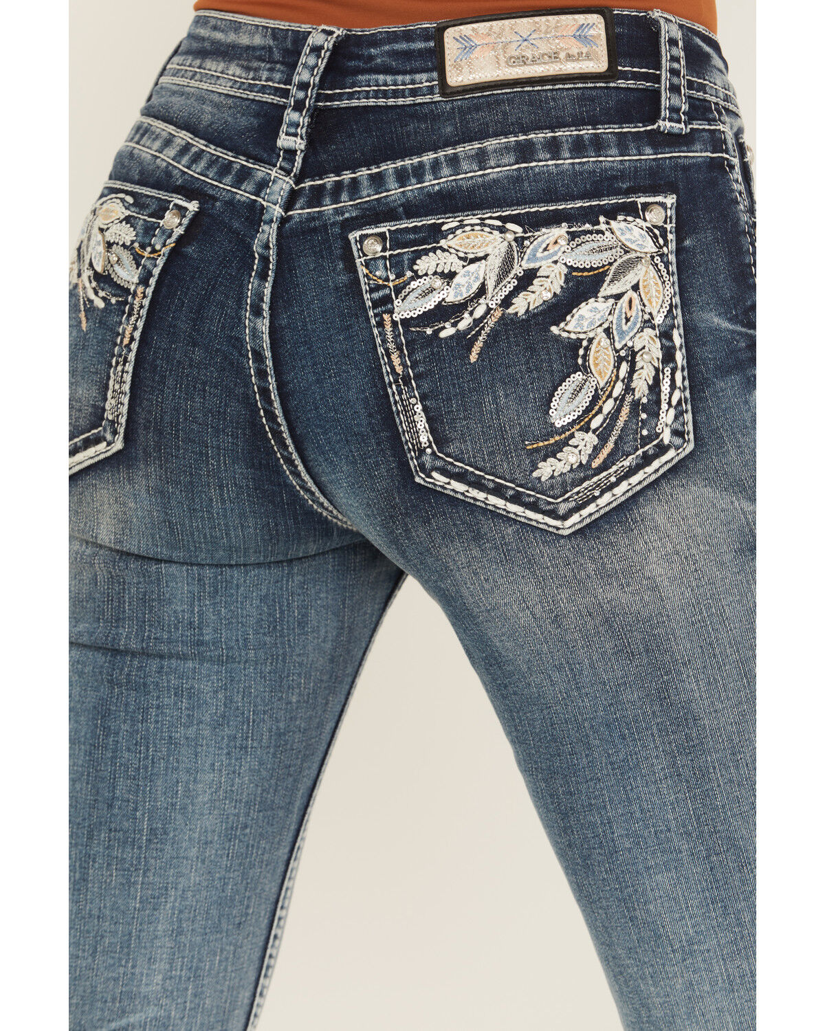 Image #2 - Grace in LA Women's Medium Wash Floral Embroidered Mid Rise Bootcut Stretch Denim Jeans, Medium Wash, hi-res