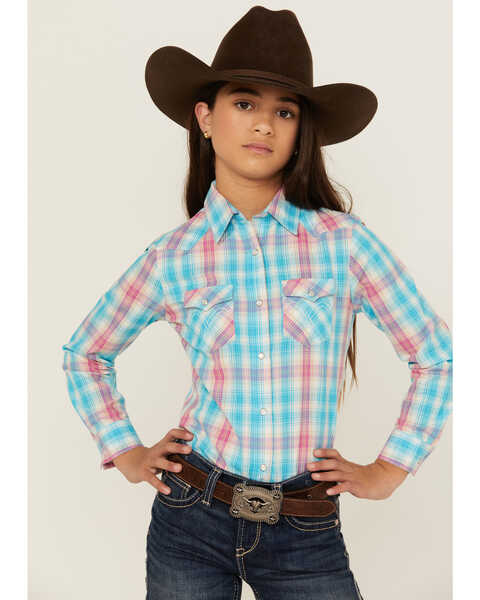 Image #1 - Panhandle Girls' Plaid Print Long Sleeve Snap Western Shirt, Light Blue, hi-res