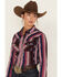 Image #2 - RANK 45® Women's Southwestern Stripe Print Heritage Snap Stretch Western Riding Shirt, Burgundy, hi-res