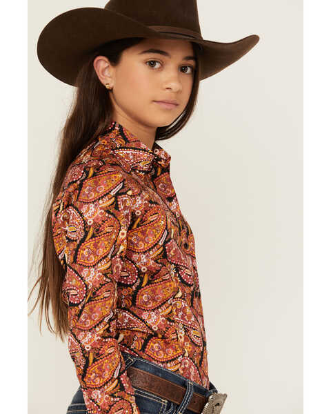 Image #2 - Cruel Girl Girls' Paisley Print Long Sleeve Button-Down Western Shirt , Coral, hi-res