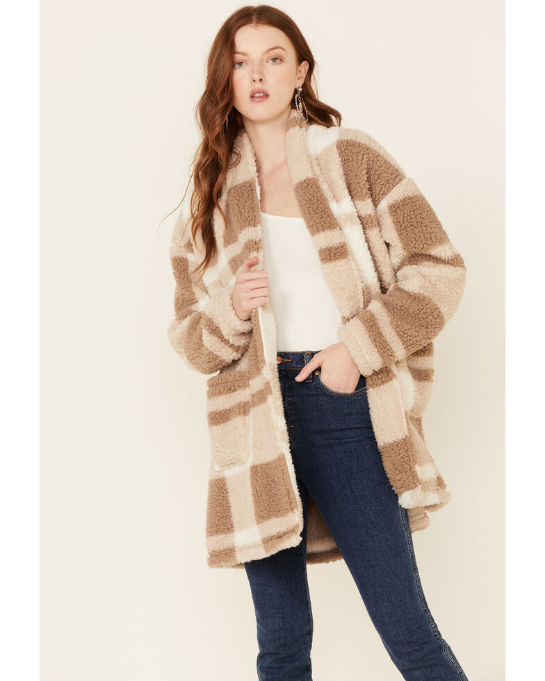 Stillwater Supply Women's Tan Plaid Open Front Sherpa Cardigan , Tan, hi-res