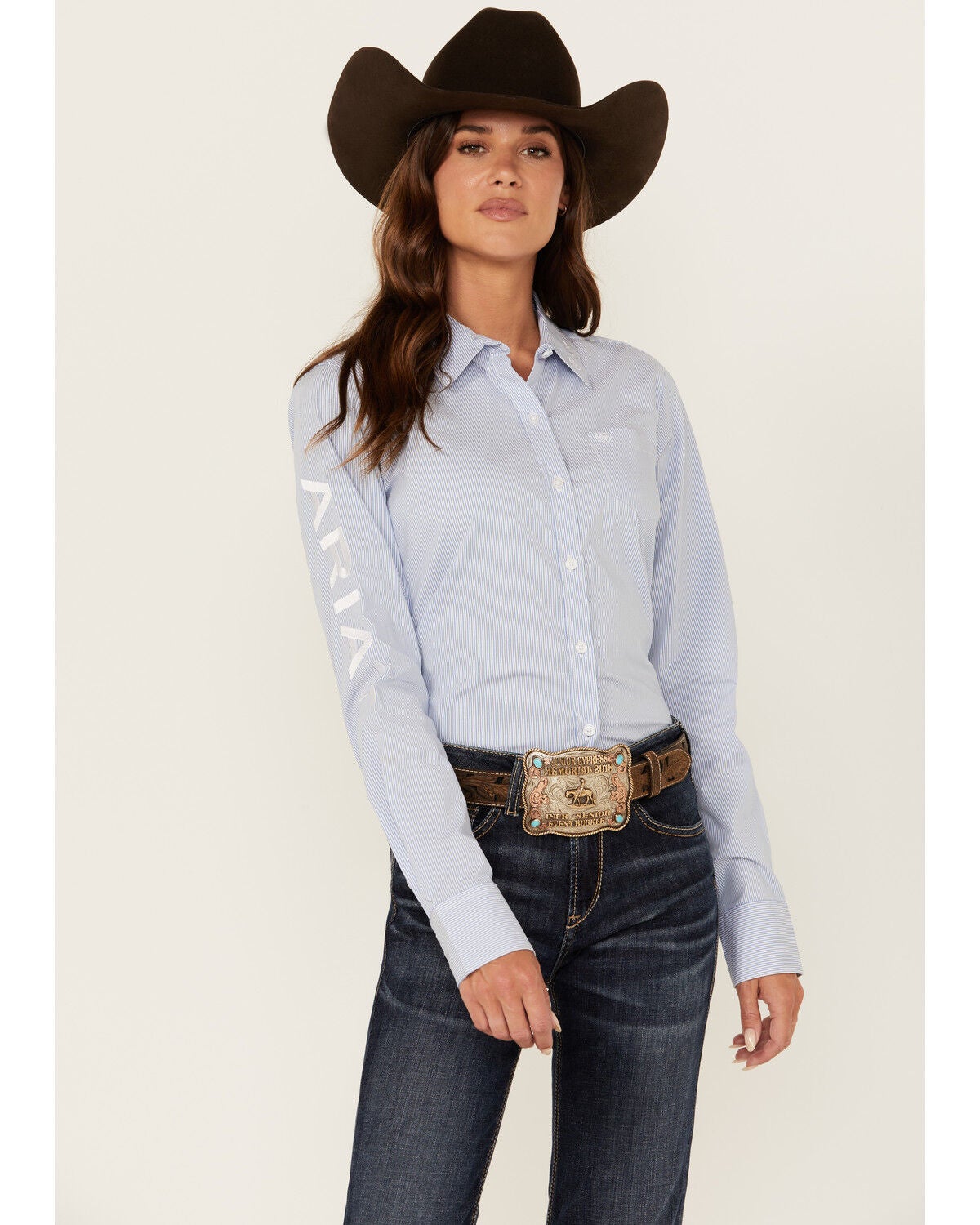 Ariat Women's Striped Team Kirby Long Sleeve Button-Down Stretch Western Shirt, Blue, hi-res
