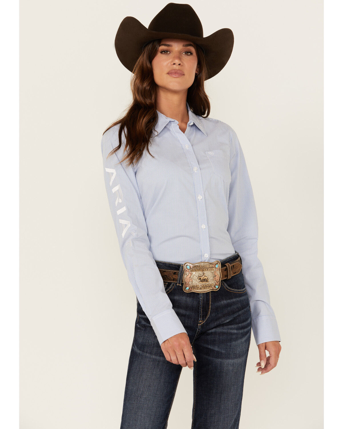 Image #1 - Ariat Women's Striped Team Kirby Long Sleeve Button-Down Stretch Western Shirt, Blue, hi-res